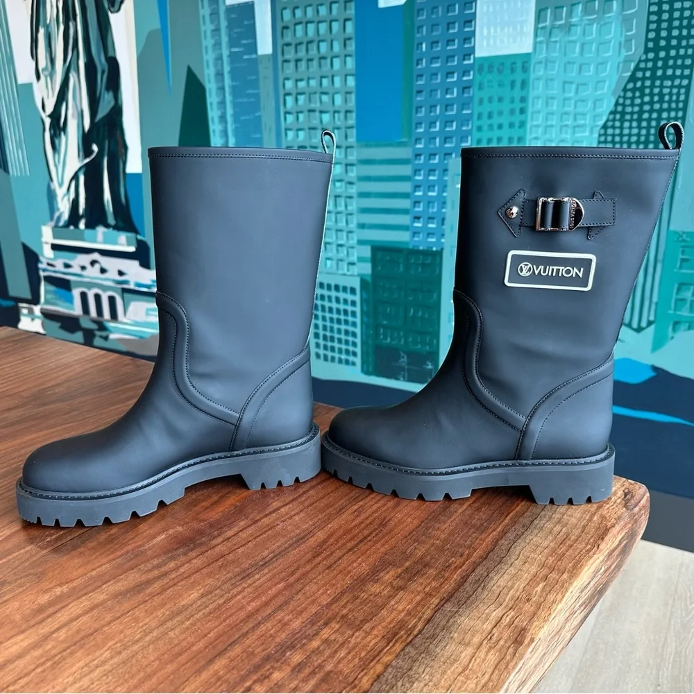 Louis Vuitton Black Matte Leather Winter Rain Boots